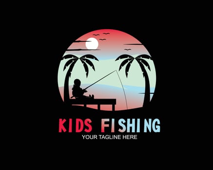 Silhouette of kids fishing logo in the river vector