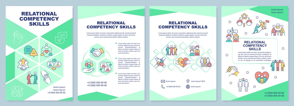 Relational competency skills green brochure template. Leaflet design with linear icons. Editable 4 vector layouts for presentation, annual reports