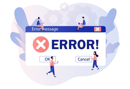 Error message. Tiny people examining operating system error warning window. Modern flat cartoon style. Vector illustration on white background