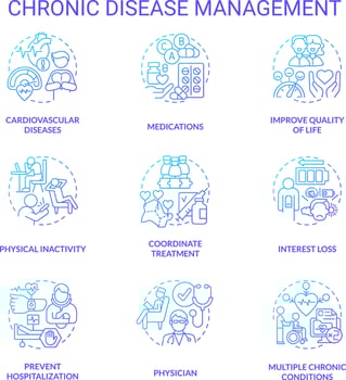 Chronic disease management blue gradient concept icons set. Lifestyle and treatment. Medical care idea thin line color illustrations. Isolated symbols vector