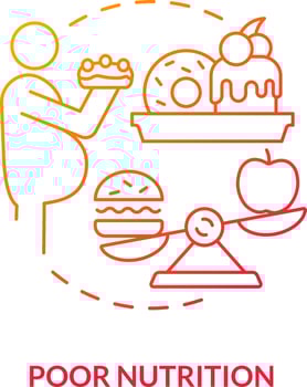 Poor nutrition red gradient concept icon. Unhealthy food consumption. Chronic disease risk factor abstract idea thin line illustration. Isolated outline drawing vector
