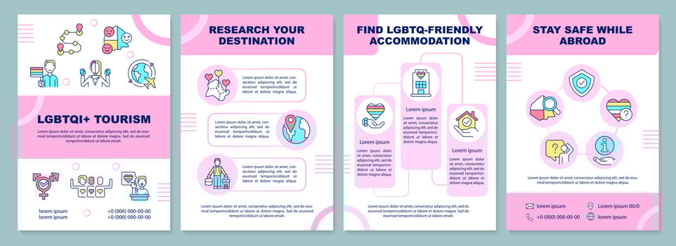 LGBTQI travel information pink brochure template. Safe trip. Leaflet design with linear icons. Editable 4 vector layouts for presentation, annual reports