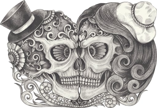 Couple in love skull day of the dead. Hand drawing and make graphic vector. vector