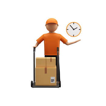 3D Render Of Faceless Delivery Boy Holding Trolley Of Boxes And Clock. png