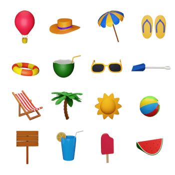 3D Rendering Style Colorful Summer Icon Set. png