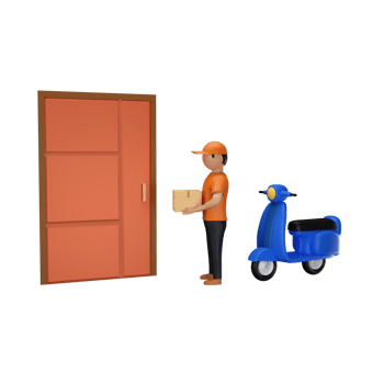 3D Render Of Faceless Delivery Boy Holding Parcel In Front Of Door And Scooter On White Background. png