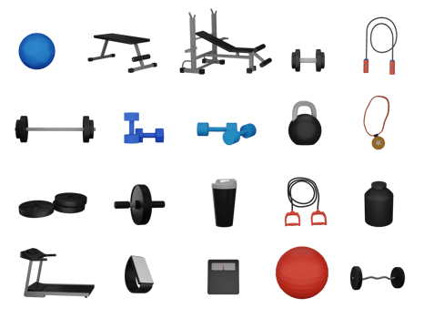 Colorful Gym Equipment Collection In 3D Style. png