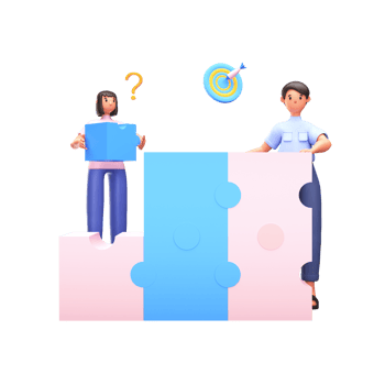 3D Render of Office Employees Connect Puzzle Pieces And Target Board On White Background. png