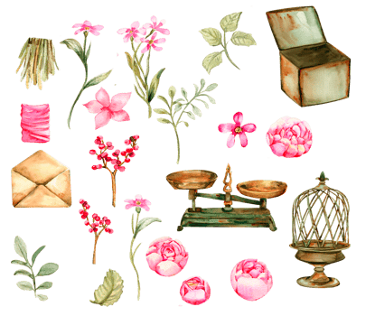 Watercolor illustration of old rusty green elements with pink roses png