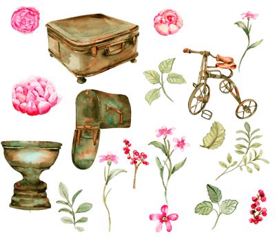Watercolor illustration of old rusty green elements with pink roses png