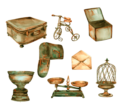 Watercolor illustration of old rusty green elements png