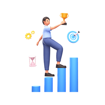 3D Render of Businessman Holding Trophy Cup At Bar Graph With Target Board, Cog Wheel, Hourglass On White Background. png