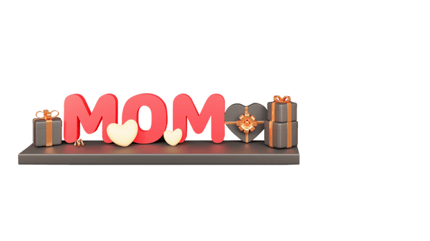 3D Red Mom Text With Hearts, Realistic Gift Boxes, Golden Stars And Swirl Ribbons png