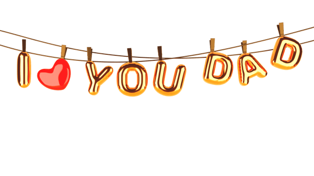 3D Golden Balloon I Love You Dad Text With Red Heart Attach To Rope On White Background. png