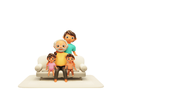 3D Grandfather, Grand Kids And Son Character Sitting At Sofa. png