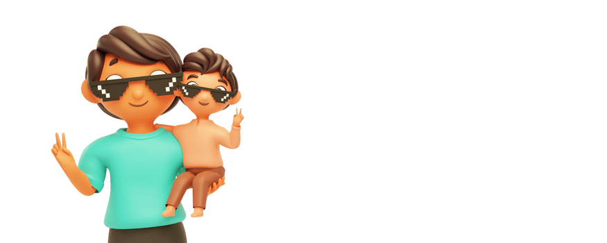 3D Cartoon Man With His Son Giving Peace Gesture On White Background. png
