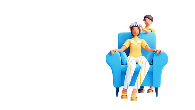 3D Young Boy Wear Crown To His Mom At Sofa On White Background. png