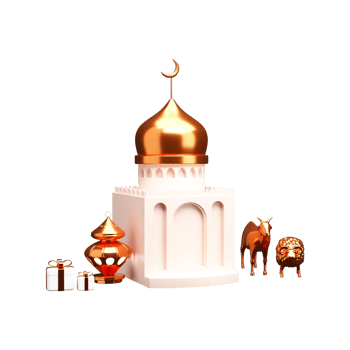 3D Mosque Arch With Bronze Arabic Lantern, Goat, Sheep Animal And Gift Boxes On White Background. png