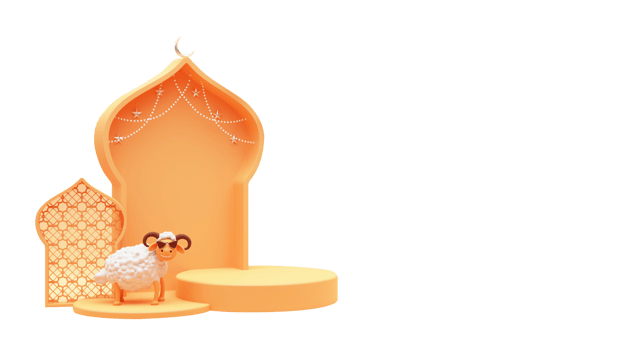 3D Render of Golden Mosque Arch With Silver Crescent Moon, Stars Hang, Cartoon Sheep Wearing Goggles And Empty Podium On White Background. png