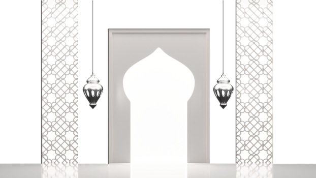 Islamic Festival Celebration Concept With Mosque Door Shape, Silver Arabic Lanterns Hang On Glossy Gray And White Islamic Pattern Background. png