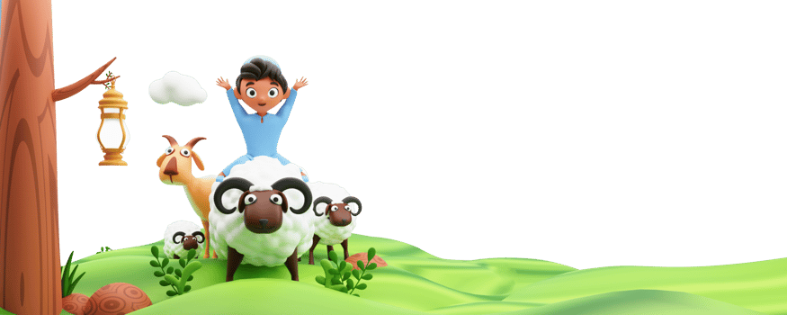 3D Illustration of Islamic Young Boy Sitting At Cartoon Sheep With Goat, Arabic Lantern Hanging Tree And Copy Space. png
