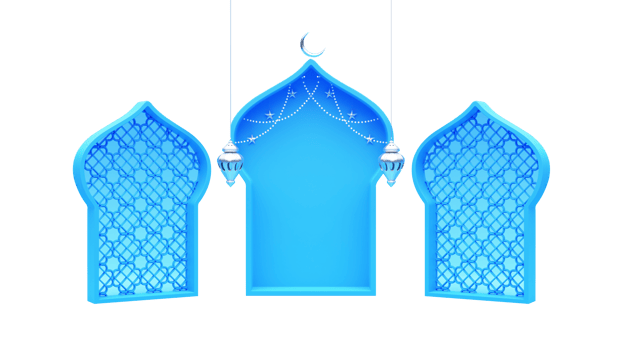 3D Mosque Door Shape With Silver Crescent Moon, Stars, Lanterns Hang On White Background. png