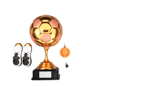 3D Rendering of Golden Football Trophy Cup With Medal Badge, Whistle, Sports Shoe And Copy Space. png