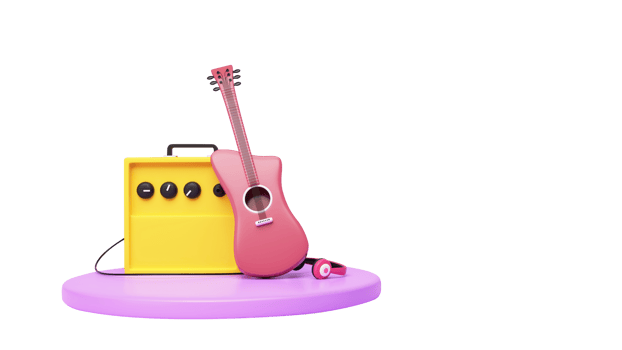 3D Rendering of Guitar, Amplifire, and Headphone on Stage, Music Concept. png