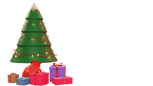 3D Rendering of Christmas Tree Decorated By Lighting Garland With Gift Boxes, Sack And Copy Space. Merry Christmas Concept. png