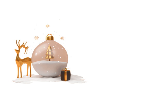 3D Render of Golden Xmas Tree Inside Snow Bauble, Golden Reindeer, Black Gift Box, Snowflakes for Merry Christmas or Winter Holidays Celebrations. png