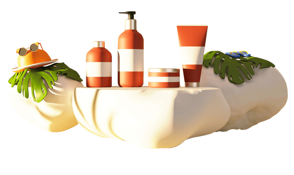 3D Render of Product Mockup With Slipper, Fedora Hat, Goggles, Tropical Leaves And Stones On White Background. png