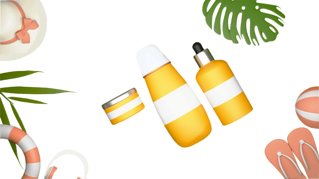 3D Render of Product Mockups With Beach Elements And Tropical Leaves On White Background. png