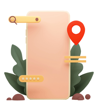 3D Render of Smartphone With Search Engine Or URL, Location Pin, Star Rating, Leaves On White Background. png
