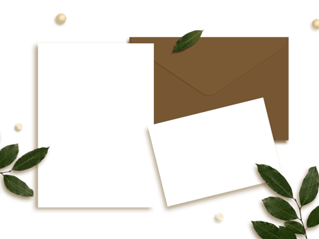 Cards Template Layout With Envelope, Beads And Leaves On White Background. png