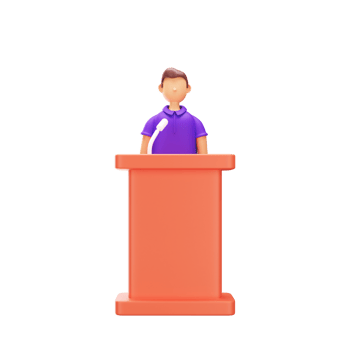 Cartoon Young Man Standing In Mic Podium 3D Element In Purple And Orange Color. png