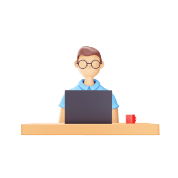 3D Illustration of Eyeglasses Wearing Young Man With Laptop And Mug On Desk Element. png
