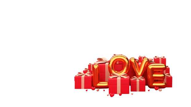 3D Golden Love Balloon Font With Realistic Gift Boxes And Tiny Hearts On White Background. png