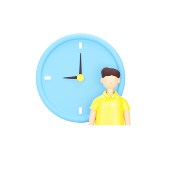 3D Illustration of Young Man Standing In Front of Wall Clock Yellow And Blue Element. png
