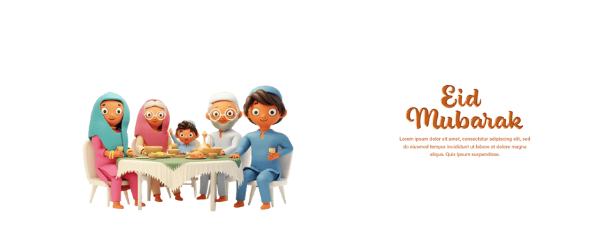 Eid Mubarak, 3D Style Islamic Family Having Meal At Dining Table. png
