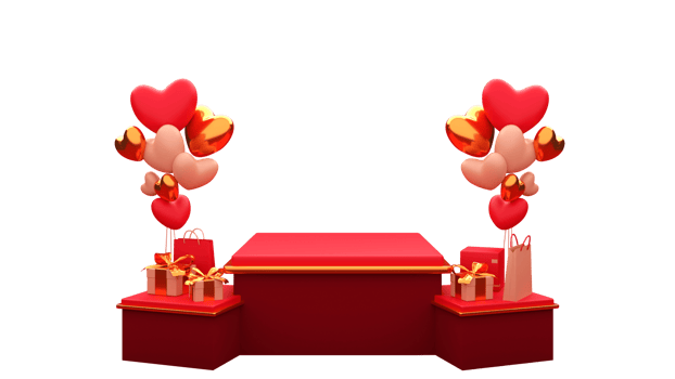 3D Heart Balloon Bunches With Gift Boxes, Carry Bags And Empty Square Table Or Podium On White Background. png