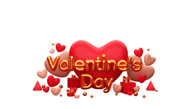 Golden Valentine's Day Font In Foil Balloon With 3D Hearts, Cones, Gift Boxes And Balls Decorated On White Background. png