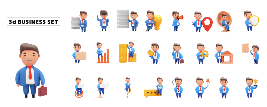 3D Rendering Businessman Character Set On White Background. png