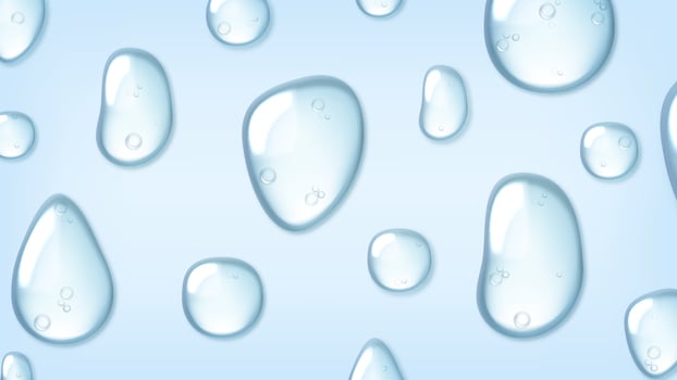 Liquid drops of water, gel or collagen. Cosmetic product, moisture, skin care, top view. Realistic 3d splash vector illustration