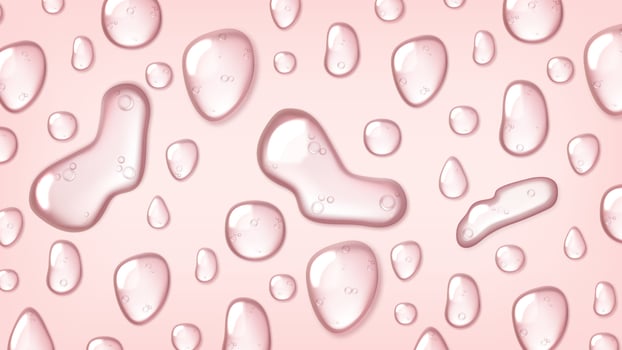 Background with liquid drops of water, gel or collagen. Cosmetic product, moisturizing, skin care, top view. Realistic 3d splash vector illustration