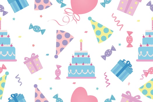 A set for a cartoon birthday party. Sweet cake, colorful balloons and birthday gifts.A set for birthday and celebration.Vector illustration. Vector