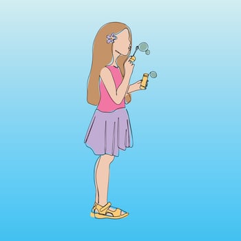 Little girl blowing soap bubbles. Vector sketch hand drawn with black lines, isolated on blue background. . Vector illustration