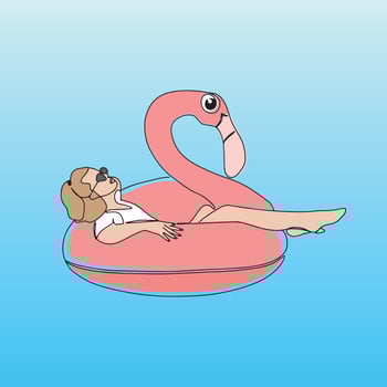 A hand-drawn vector summer illustration is a postcard with a girl sitting in a circle with a flamingo. A summer colorful element for your design. Vector illustration. Drawing with one line. Vector