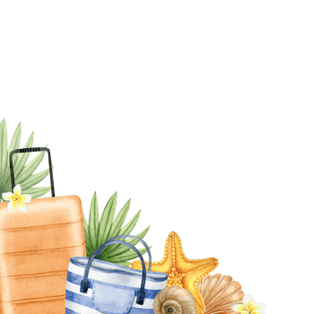 Travel orange suitcase, striped beach bags, tropical leaves, starfish, seashells and frangipani flowers. Frame with summer beach accessories and tropical leaves. Watercolor illustration. Isolated. png