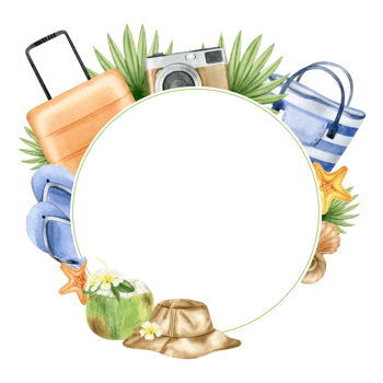 Travel orange suitcase, striped beach bag, panama hat, photo camera, tropical leaves, starfish, coconut. Frame with summer beach accessories and tropical leaves. Watercolor illustration. Isolated. png