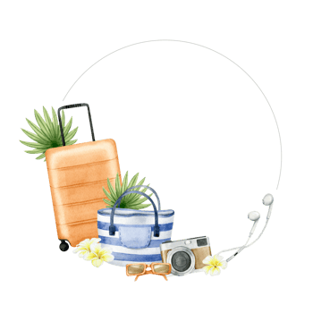 Travel orange suitcase, striped beach bag, photo camera, tropical leaves, sunglasses and headset. Round frame with summer beach accessories and tropical leaves. Watercolor illustration. Isolated. png